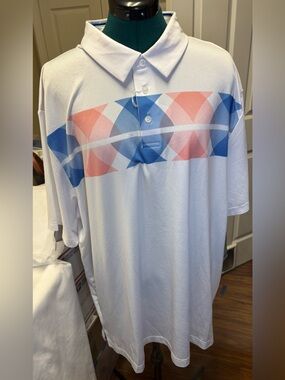 PGA Tour White Polo Shirt with Argyle Blue & Red Geometric Design • NWT
